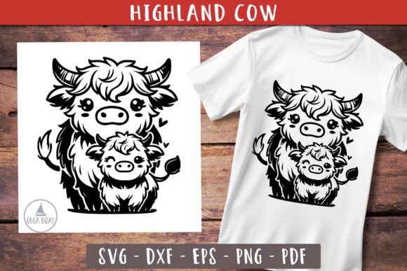 Highland Cow Mom and Baby Mother Day Graphics for Crafts & Local Branding