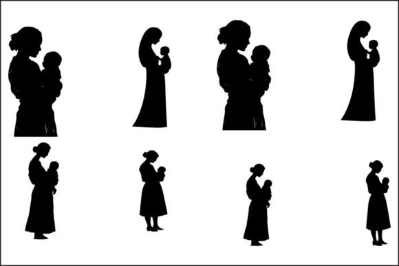 Mother and Child Silhouette, Walking Mom Graphics for Crafts